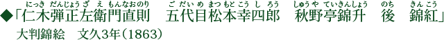 「仁木弾正左衛門直則 五代目松本幸四郎 秋野亭錦升 後 錦紅」（ルにっきだんじょうざえもんなおのり ごだいめまつもとこうしろう しゅうやていきんしょう のち きんこう）大判錦絵 文久3年（1863）