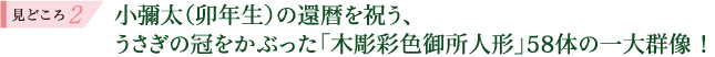 見どころ2 小彌太（卯年生）の還暦を祝う、うさぎの冠をかぶった「木彫彩色御所人形」58体の一大群像！