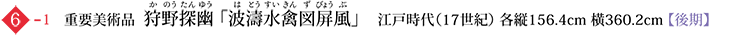 6-1 重要美術品 狩野探幽「 波濤水禽図屏風」　江戸時代（17世紀） 各縦156.4cm 横360.2cm【 後期】
