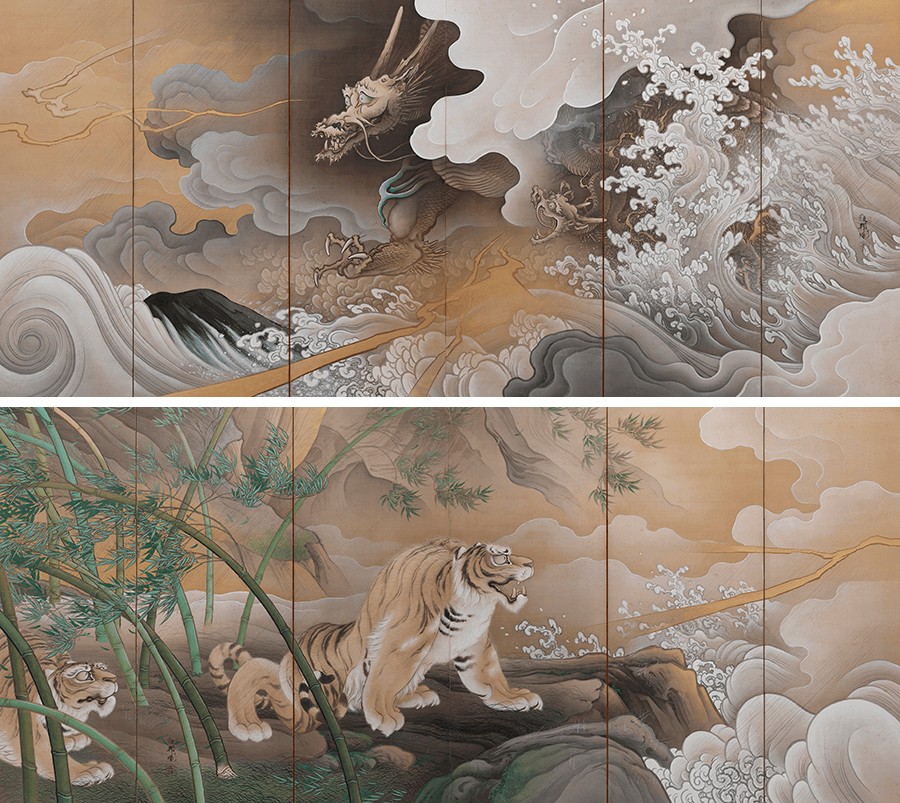 重要文化財　橋本雅邦「龍虎図屛風」明治28年（1895）、絹本着色