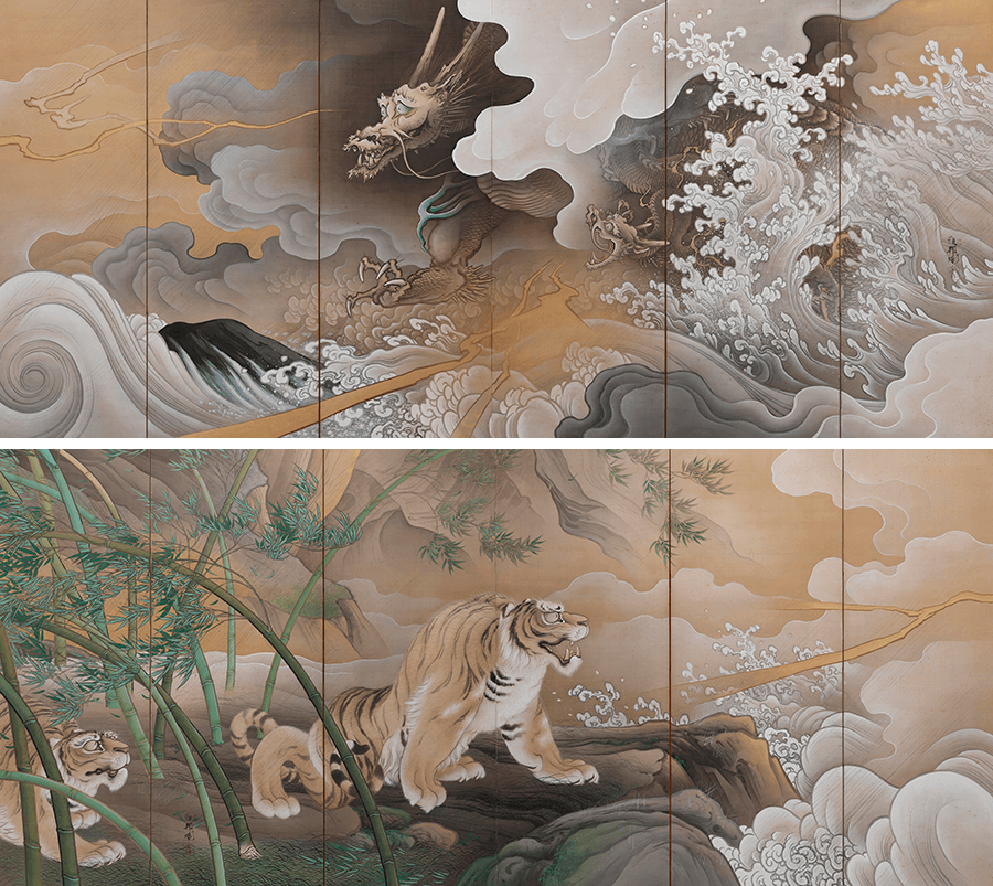 重要文化財 橋本雅邦「龍虎図屛風」明治28年(1895)、絹本着色