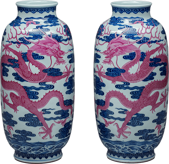 Pair of vases with design of a dragon and phoenixes, underglaze blue and Yanzhihong overglaze enamel Qing dynasty, Qianlong mark and period