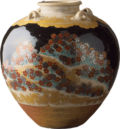 Important Cultural Property, Tea-leaf jar with design of Mt.Yoshino in overglaze enamels, by Nonomura Ninsei, Edo period, 17th Century