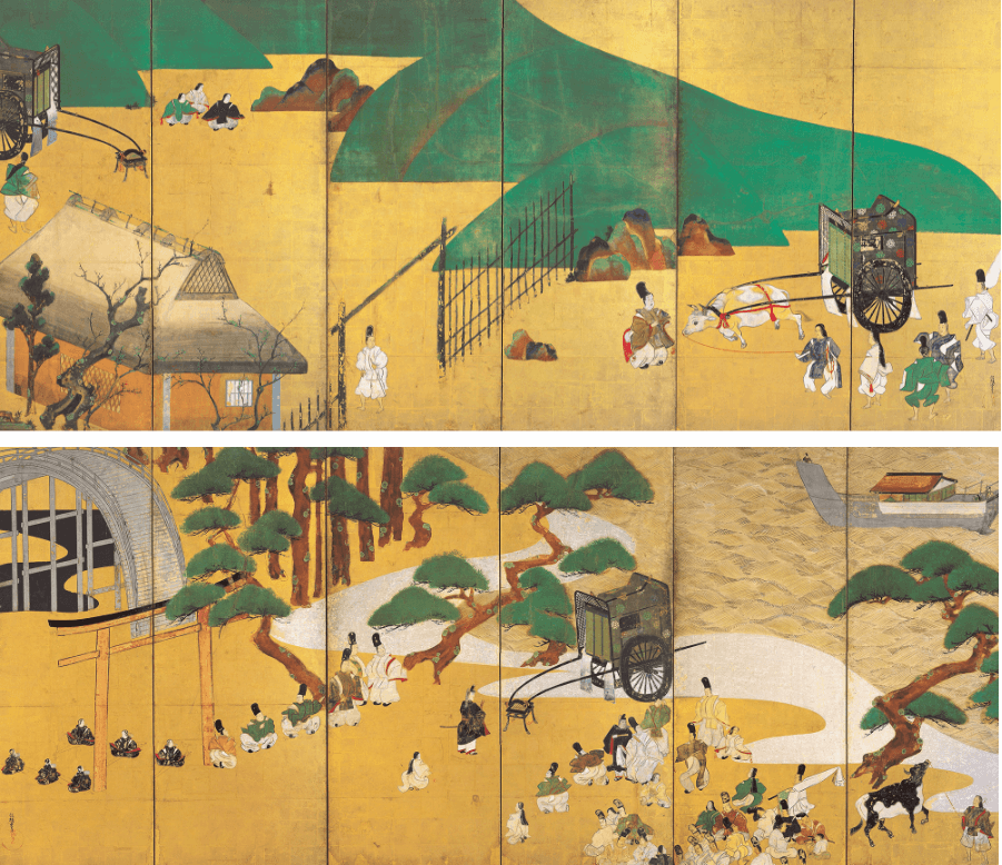 Scenes from Sekiya (The Barrier Gate) and Miotsukushi (Channel Markers) chapters of The Tale of Genji