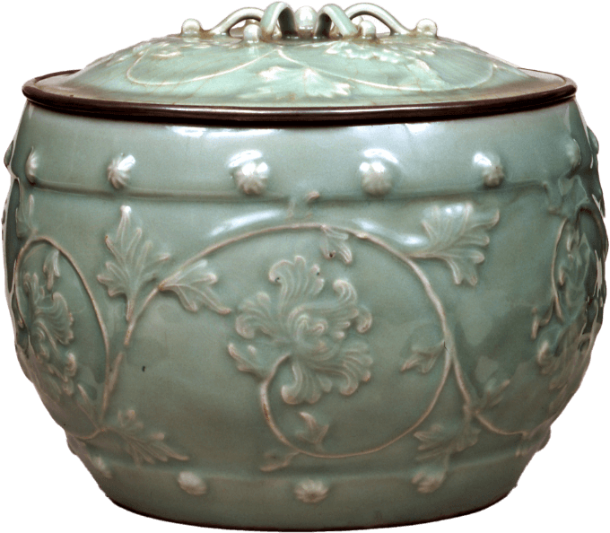 Drum-shaped tea ceremony fresh water jar with celadon glaze and applied peony design, Longquan ware