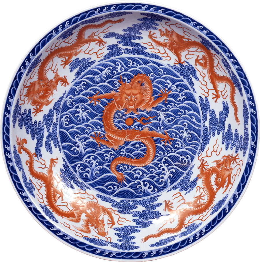 Dish with a design of dragons and waves, Underglaze blue and overglaze red enamel, Jingdezhen official kiln ware,Qing dynasty, Qianlong(1736-95) mark and period