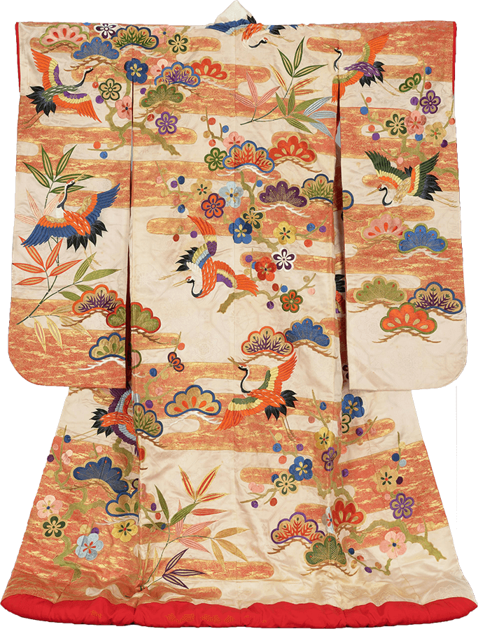 Uchikake with design of pines, bamboo, plums,cranes on white figured silk satin ground Private collection