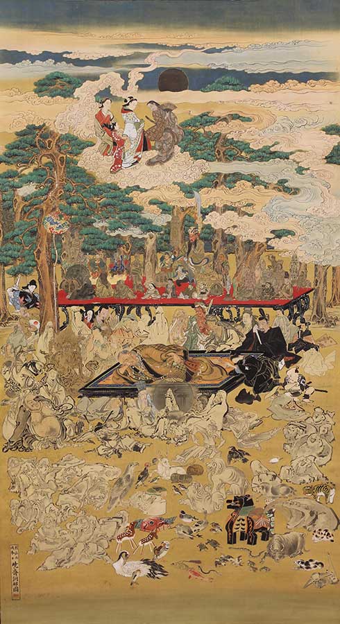 Inportant Cultural Property, “Nirvana Painting of Matsuura Takeshirō” by Kawanabe Kyōsai, Meiji period, 1886, from the collection of the Matsuura Takeshirō Memorial Museum