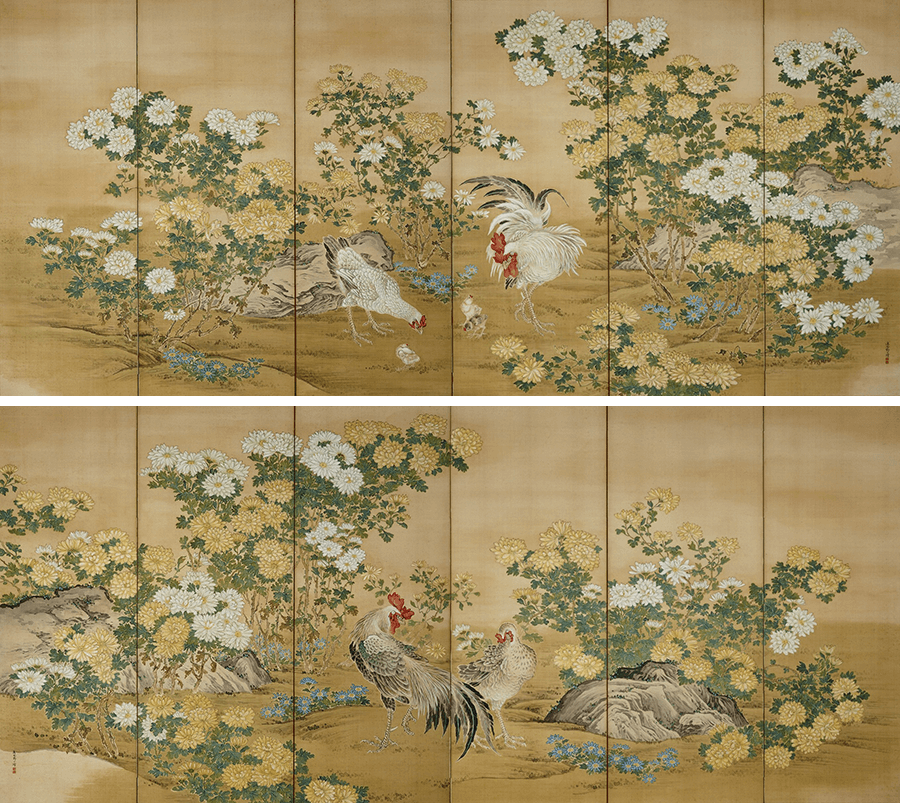野口幽谷「菊鶏図屏風」