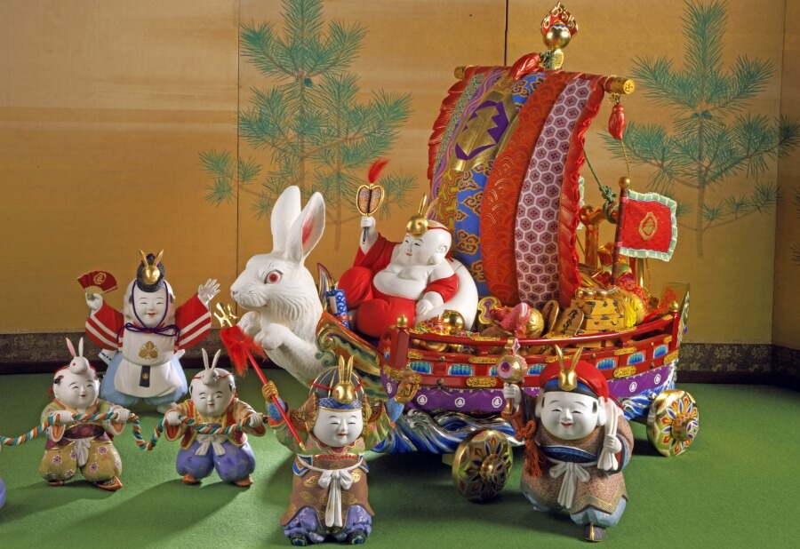 “Treasure boat (from the complete set of gosho dolls, carved wood with polychromy)