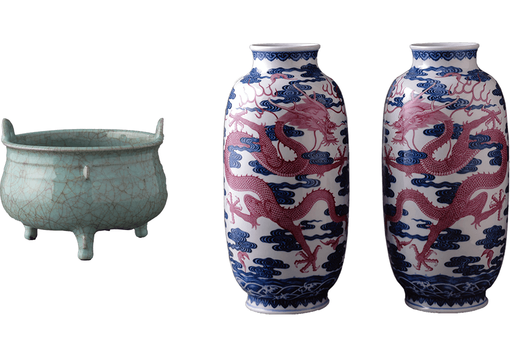 Tripod incense burner in shape of Ding , celadon glaze, Southern Song Guan ware, Southern Song dynasty, 12-13th century. Pair of vases with design of dragons and phoenixes, underglaze blue and Yanjihong(pink) overglaze enamel, Jingdezhen official kiln ware, Qing dynasty, Qianlong(1736-95)mark and period