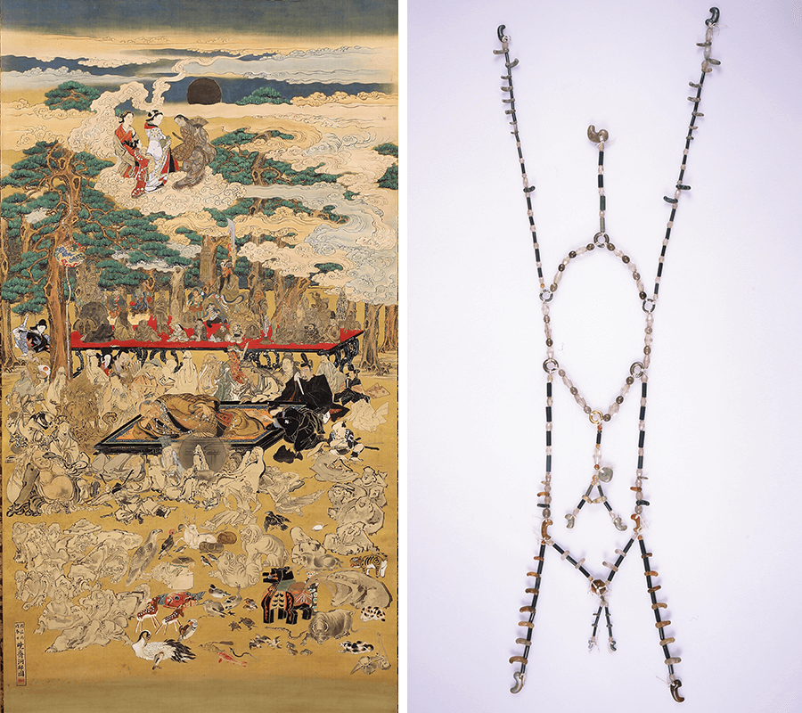 左：重要文化財　河鍋暁斎「武四郎涅槃図」 明治19年（1886） 松浦武四郎記念館蔵、右：「大首飾り」縄文時代～近代