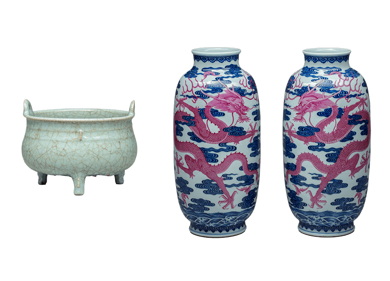 青磁鼎形香炉 南宋官窯 南宋時代(12~13世紀)、重要美術品 青花臙脂紅龍鳳文瓶 一対 「大清乾隆年製」銘 景徳鎮官窯 清時代・乾隆年間(1736~95)